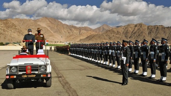 Ladakh: President Ram Nath Kovind being accorded a ceremonial welcome with a guard of honour on his arrival, at Leh Air Field, in Leh on Thursday. (ANI) Ladakh: President Ram Nath Kovind being accorded a ceremonial welcome with a guard of honour on his arrival, at Leh Air Field, in Leh on Thursday. (ANI)