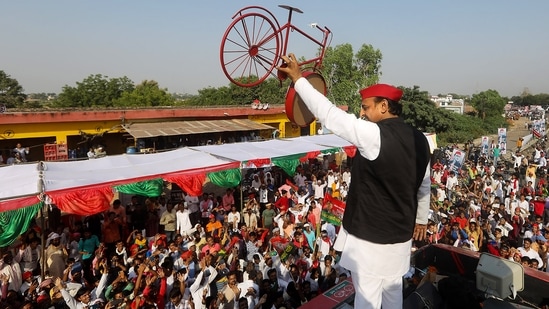 SP President Akhilesh Yadav during 'Samajwadi Vijay Yatra'. (PTI Photo)