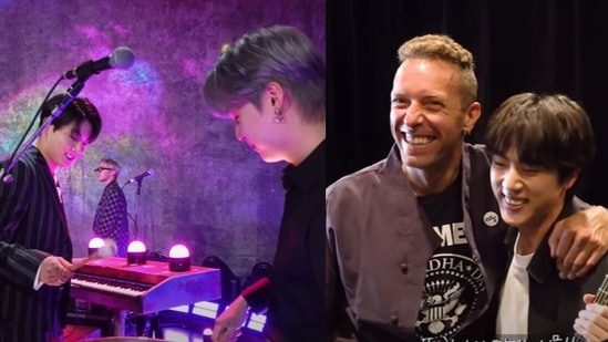 (L) BTS members Jungkook and Suga trying their hand on the drums, (R) Coldplay's Chris Martin with Jin.&nbsp;