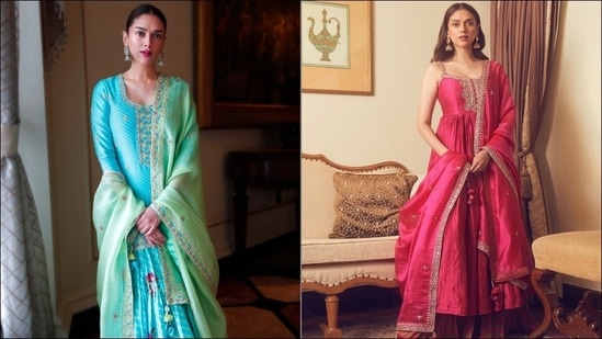 Aditi Rao Hydari is Dussehra fashion goals in blue gharara, strappy pink sharara(Punit Balana)