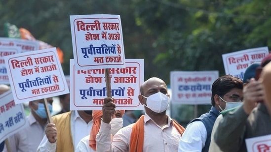 A file photo of BJP workers staging a protest against the ban on Chhath Puja in public places in Delhi (PTI)