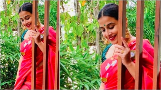 Vidya Balan completed her look with a green bindi. The Tumhari Sullu actor wore minimal makeup but added deep red shade to her lips.(Instagram/@balanvidya)