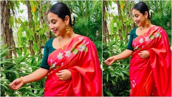 Vidya Balan looked drop-dead gorgeous in this stunning handprinted and embroidered pink saree.(Instagram/@balanvidya)