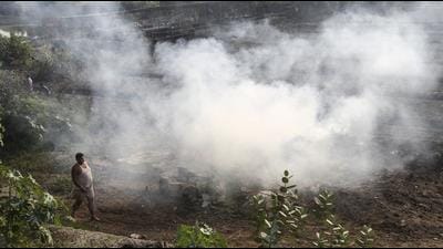Grass near a farmland set on fire in Mayur Vihar in New Delhi on Friday. Stubble fires in NCR usually peak in end-October and early-November. (Sanchit Khanna/HT Photo) Grass near a farmland set on fire in Mayur Vihar in New Delhi on Friday. Stubble fires in NCR usually peak in end-October and early-November. (Sanchit Khanna/HT Photo)