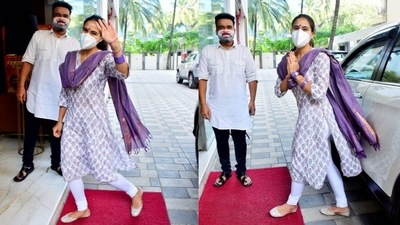 Meanwhile, Sara Ali Khan was photographed at the T-Series office. (Varinder Chawla) Meanwhile, Sara Ali Khan was photographed at the T-Series office. (Varinder Chawla)
