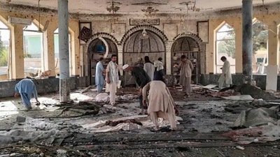 People view the damage inside of a mosque following a bombing in Kunduz, province northern Afghanistan, on Friday, October. 8, 2021. (AP)