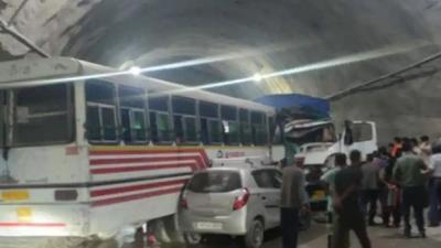 The accident site in the Aut tunnel on the Chandigarh-Manali national highway on Thursday night. The mishap led to a traffic jam for more than two hours. (ANI Photo)