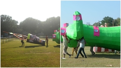 Huge structures of the Ravana are being carried to be installed. (HT Photos/ Ravi Kumar) Huge structures of the Ravana are being carried to be installed. (HT Photos/ Ravi Kumar)
