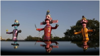 Dressed in bright colours, the effigies await the Dussehra celebrations to start. (HT Photos/ Sanchit Khanna) Dressed in bright colours, the effigies await the Dussehra celebrations to start. (HT Photos/ Sanchit Khanna)