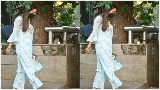 Malaika Arora was clicked in Mumbai on Friday, in a beautiful traditional ensemble.(HT Photos/Varinder Chawla)