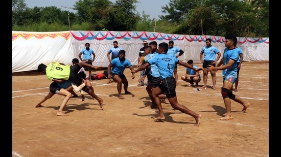 Players in action after Kalyan Dombivli civic body inaugurates kabaddi playground in Ambivli village on Friday. (RISHIKESH CHOUDHARY/HT PHOTO)