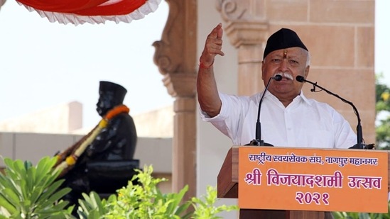 Rashtriya Swayamsevak Sangh (RSS) chief Mohan Bhagwat speaks during his annual Vijaya Dashami address, in Nagpur on Friday. (ANI) Rashtriya Swayamsevak Sangh (RSS) chief Mohan Bhagwat speaks during his annual Vijaya Dashami address, in Nagpur on Friday. (ANI)