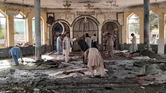 People view the damage inside of a mosque following a bombing in Kunduz, province northern Afghanistan, on Friday, October. 8, 2021(AP)