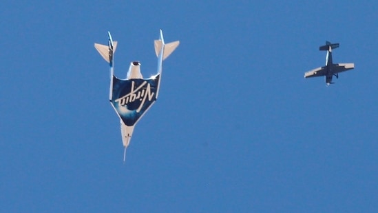 Virgin Galactic's passenger rocket plane VSS Unity, carrying billionaire entrepreneur Richard Branson and his crew, descends after reaching the edge of space above Spaceport America near Truth or Consequences, New Mexico, US(REUTERS File)