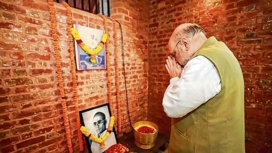 Union home minister Amit Shah pays tribute to VD Savarkar, at the Cellular Jail in Andaman & Nicobar Islands on Friday. (PTI)