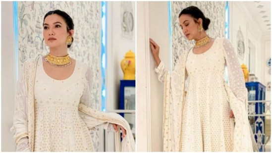 Dussehra 2021: Gauahar Khan decks up in white. Bonus, her wedding shoes(Instagram/@gauaharkhan) Dussehra 2021: Gauahar Khan decks up in white. Bonus, her wedding shoes(Instagram/@gauaharkhan)