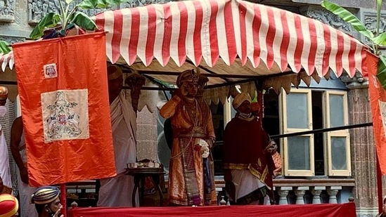 Yaduveer Krishnadatta Chamaraja Wadiyar, scion of the royal family of Mysuru during the Ayudha Pooja at Mysore palace.(ANI Photo)