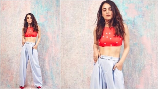 Radhika Madan flaunted her abs as she posed in the cool outfit for the camera.(Instagram/@radhikamadan)