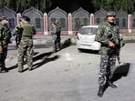 Security personnel at the site of attack in Srinagar. (Waseem Andrabi/HT) Security personnel at the site of attack in Srinagar. (Waseem Andrabi/HT)
