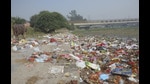 The banks of Hindon from GT Road to the Vasundhara underpass were strewn with garbage on Saturday. (Sakib Ali/HT) The banks of Hindon from GT Road to the Vasundhara underpass were strewn with garbage on Saturday. (Sakib Ali/HT)