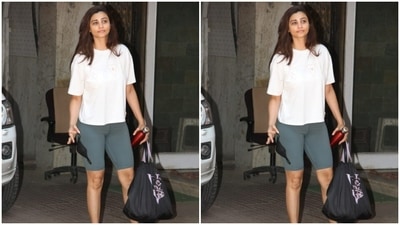She teamed it with grey gym shorts as she posed for the cameras. (HT Photos/Varinder Chawla) She teamed it with grey gym shorts as she posed for the cameras. (HT Photos/Varinder Chawla)