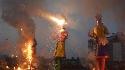 Chandigarh Police on Friday night booked five Ramlila associations for use of crackers while burning Ravana effigies at the Dussehra events in Sectors 28 and 34, and Maloya and Manimajra. (Sant Arora/HT) Chandigarh Police on Friday night booked five Ramlila associations for use of crackers while burning Ravana effigies at the Dussehra events in Sectors 28 and 34, and Maloya and Manimajra. (Sant Arora/HT)