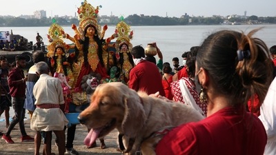Devotees carry an idol of the goddess Durga for its immersion into the Ganges river on the last day of the Durga Puja festival in Kolkata. (REUTERS)