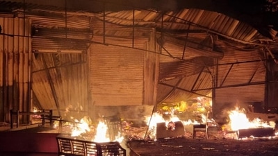 Bhiwandi: A fire broke out at a furniture warehouse in Chamunda Complex in Kasheli village, Bhiwandi.&nbsp; (Praful Gangurde / HT PHOTO)
