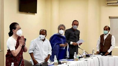 New Delhi: Congress interim president Sonia Gandhi with party leader Rahul Gandhi and others during the Congress Working Committee (CWC) meeting on Saturday. (PTI) New Delhi: Congress interim president Sonia Gandhi with party leader Rahul Gandhi and others during the Congress Working Committee (CWC) meeting on Saturday. (PTI)