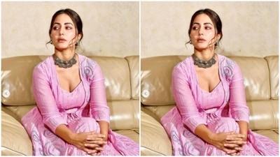 In the pink traditional attire, Hina posed for multiple pictures on a couch. (Instagram/@realhinakhan) In the pink traditional attire, Hina posed for multiple pictures on a couch. (Instagram/@realhinakhan)