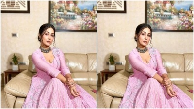 The soft pink dress hugs her midriff perfectly and shows off the curves. (Instagram/@realhinakhan) The soft pink dress hugs her midriff perfectly and shows off the curves. (Instagram/@realhinakhan)