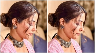 Hina wore her hair in a loose bun and left a few strands in front free to give a more ethnic vibe to her look. (Instagram/@realhinakhan) Hina wore her hair in a loose bun and left a few strands in front free to give a more ethnic vibe to her look. (Instagram/@realhinakhan)