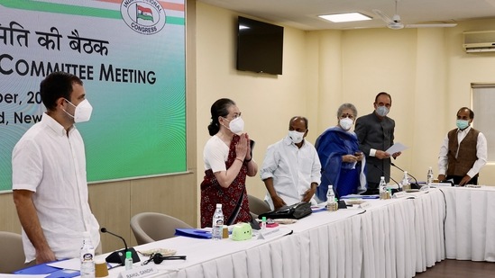 Congress interim president Sonia Gandhi greets during the party Working Committee meeting, at AICC office, in New Delhi on Saturday. Congress leaders Rahul Gandhi, AK Antony, Ambika Soni and Ghulam Nabi Azad also present.(ANI)