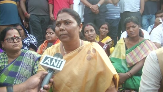 Raigarh BJP MP Gomati Sai on Saturday sat on a dharna along with the local population over the Jashpur incident in Chhattisgarh. (Twitter/@ANI)
