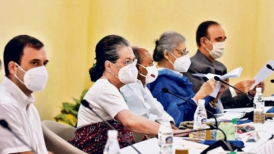 Congress president Sonia Gandhi with party leader Rahul Gandhi and others during the Congress Working Committee meeting, at the AICC headquarters in New Delhi on Saturday. (PTI)