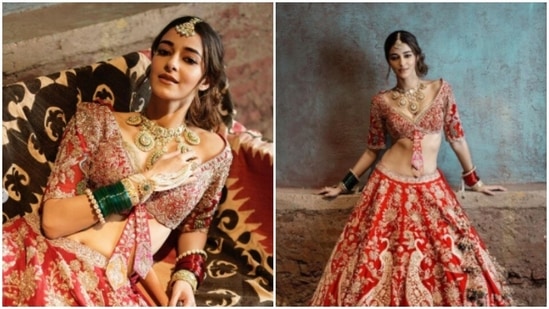 Ananya Panday, in red and gold, slays bridal fashion goals(Instagram/@ananyapanday)