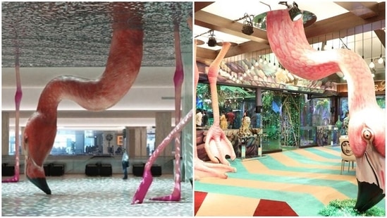 The Bigg Boss 15 house includes a giant flamingo installation.