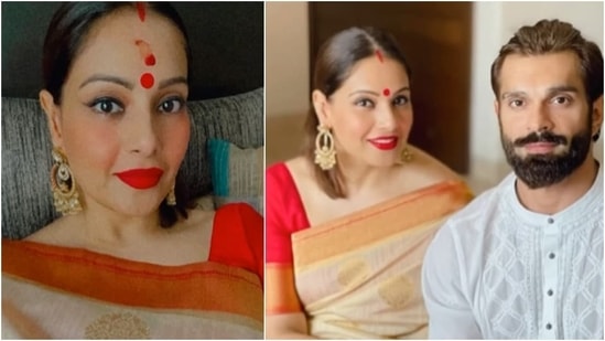 Bipasha Basu accessorised her look with golden statement earrings and a bright red bindi. Her Husband Karan Singh Grover looked dapper in an all-white kurta-pyjama set.(Instagram/@bipashabasu)