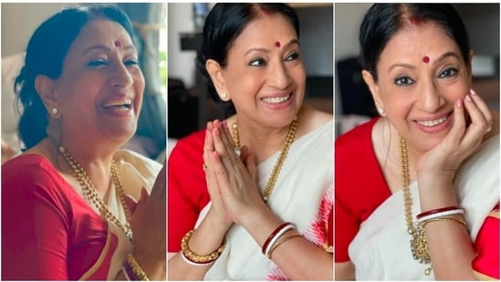For jewellery, Bipasha Basu's mother Mamta Basu opted for a multi-layer gold necklace, shakha pola (jewellery worn by married Bengali women) and gold bangles.(Instagram/@bipashabasu)