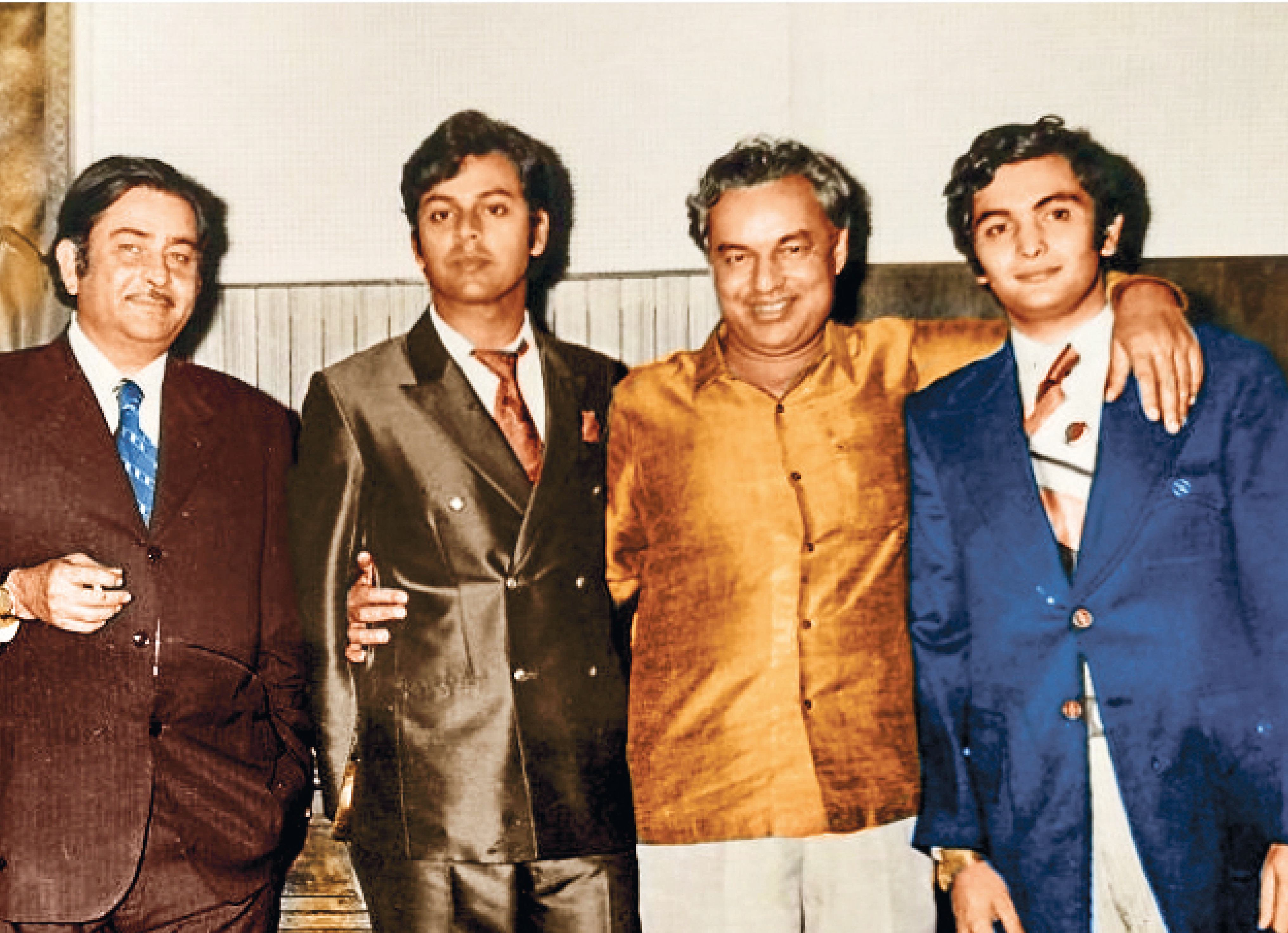 At the post-launch party for Bobby, with Raj Kapoor, Rishi and singer Mukesh, where a song recording was played At the post-launch party for Bobby, with Raj Kapoor, Rishi and singer Mukesh, where a song recording was played