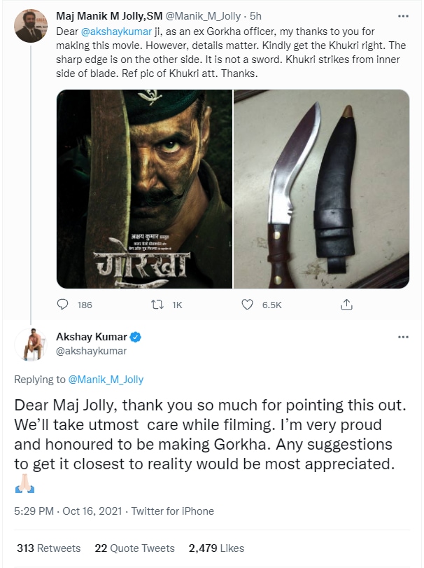 Akshay Kumar replied to a former Army officer who pointed out an error in the Gorkha poster.