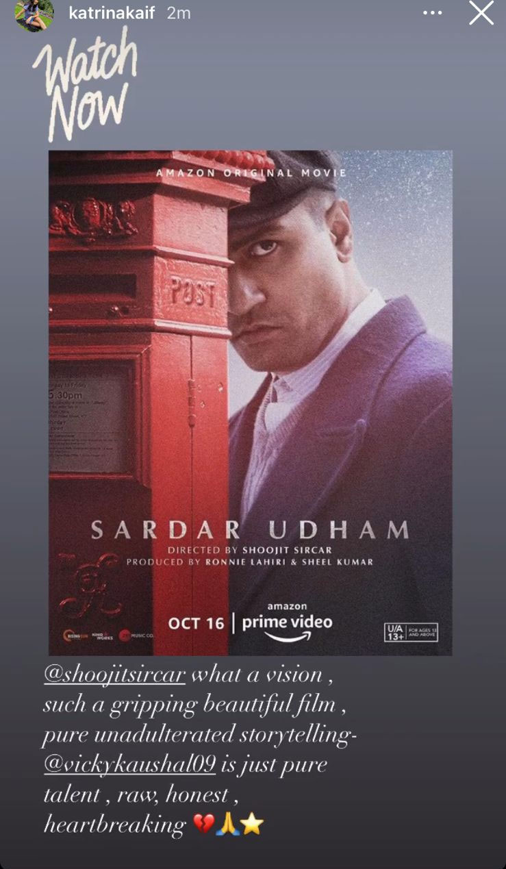 Katrina Kaif wrote about Sardar Udham on Instagram Stories. Katrina Kaif wrote about Sardar Udham on Instagram Stories. 