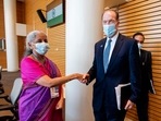 World Bank president David Malpass met Nirmala Sitharaman in Washington. (David Malpass/Twitter) World Bank president David Malpass met Nirmala Sitharaman in Washington. (David Malpass/Twitter)