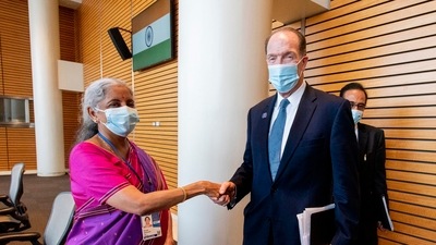 World Bank president David Malpass met Nirmala Sitharaman in Washington. (David Malpass/Twitter) World Bank president David Malpass met Nirmala Sitharaman in Washington. (David Malpass/Twitter)