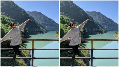 By the Satluj river banks, Diana Penty posed for pictures. In a high-neck oversized sweater, Diana looked right out of a fairytale. (Instagram/@dianapenty) By the Satluj river banks, Diana Penty posed for pictures. In a high-neck oversized sweater, Diana looked right out of a fairytale. (Instagram/@dianapenty)