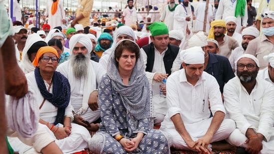 Priyanka Gandhi Vadra attends a mass gathering to pay respects to people who lost their in the Lakhimpur Kheri incident.(AFP)