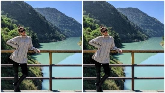 Against the picturesque backdrop of the hills and the river, Diana can be seen teaming her winter look with a pair of black trousers and knee-length boots.(Instagram/@dianapenty)