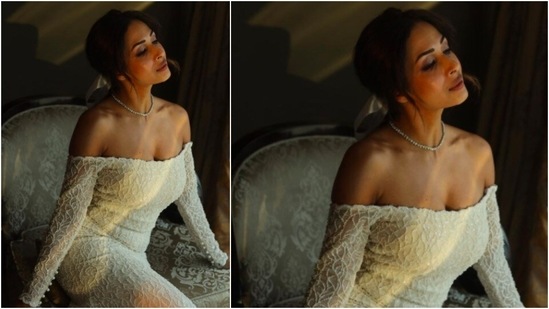 For accessories, Malaika Arora opted for a simple diamond necklace and a ribbon hair tie.(Instagram/@malaikaaroraofficial)
