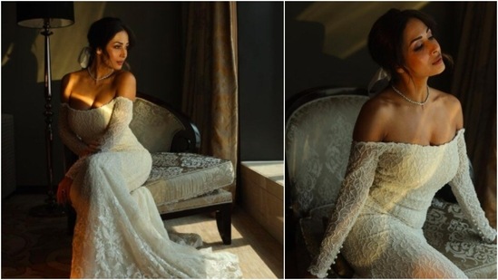 Malaika Arora looked breathtaking as she posed in this gorgeous wedding dress.(Instagram/@malaikaaroraofficial)