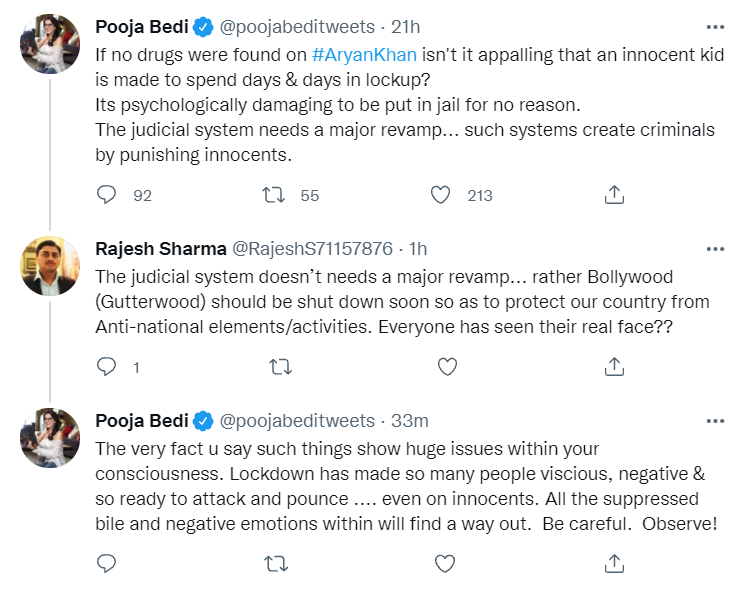 Pooja Bedi called a Twitter user, who demanded a shutdown of Bollywood to protect national interests, ‘vicious’.